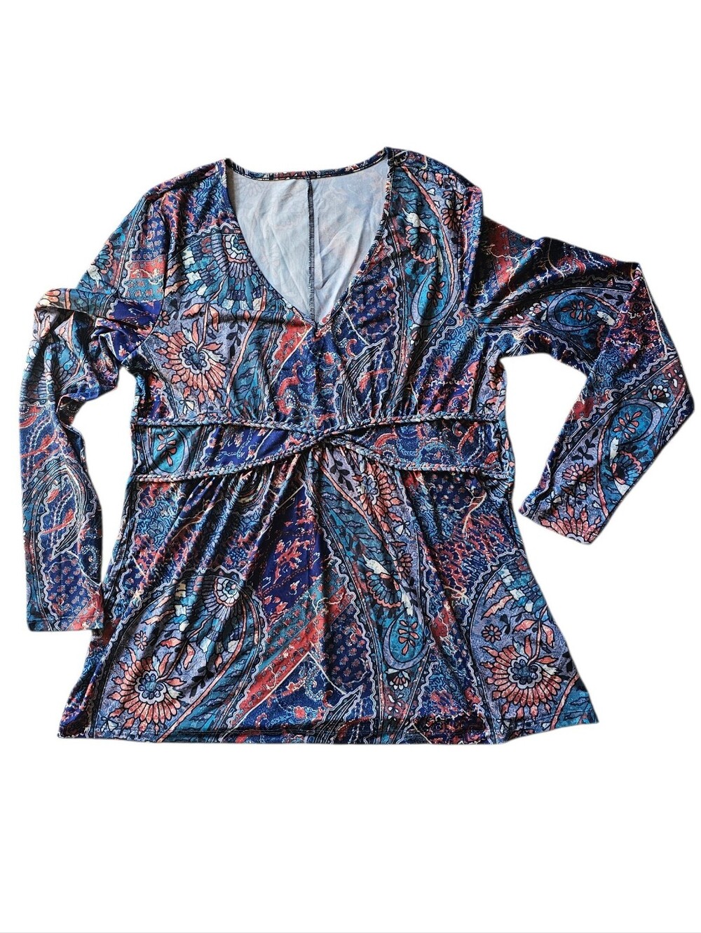 Women’s V-Neck Long Sleeve Tunic in Blue Floral Print